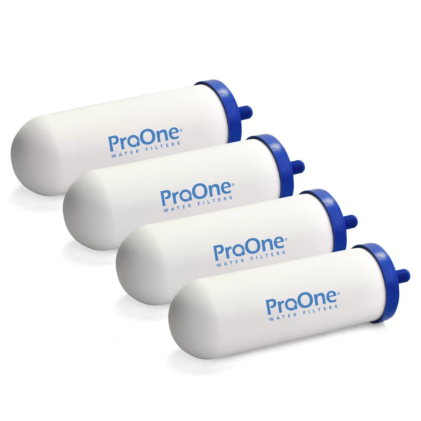 Four ProOne water filters on a white background