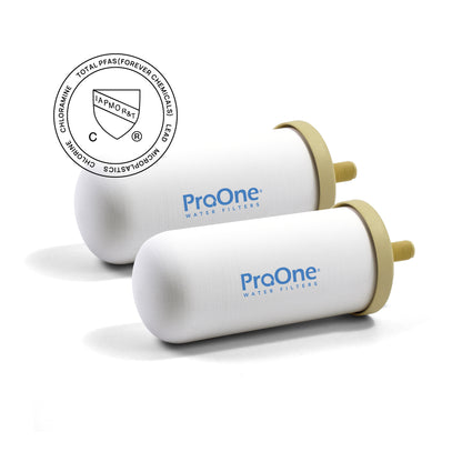 Two ProOne water filters with a certification logo on a white background