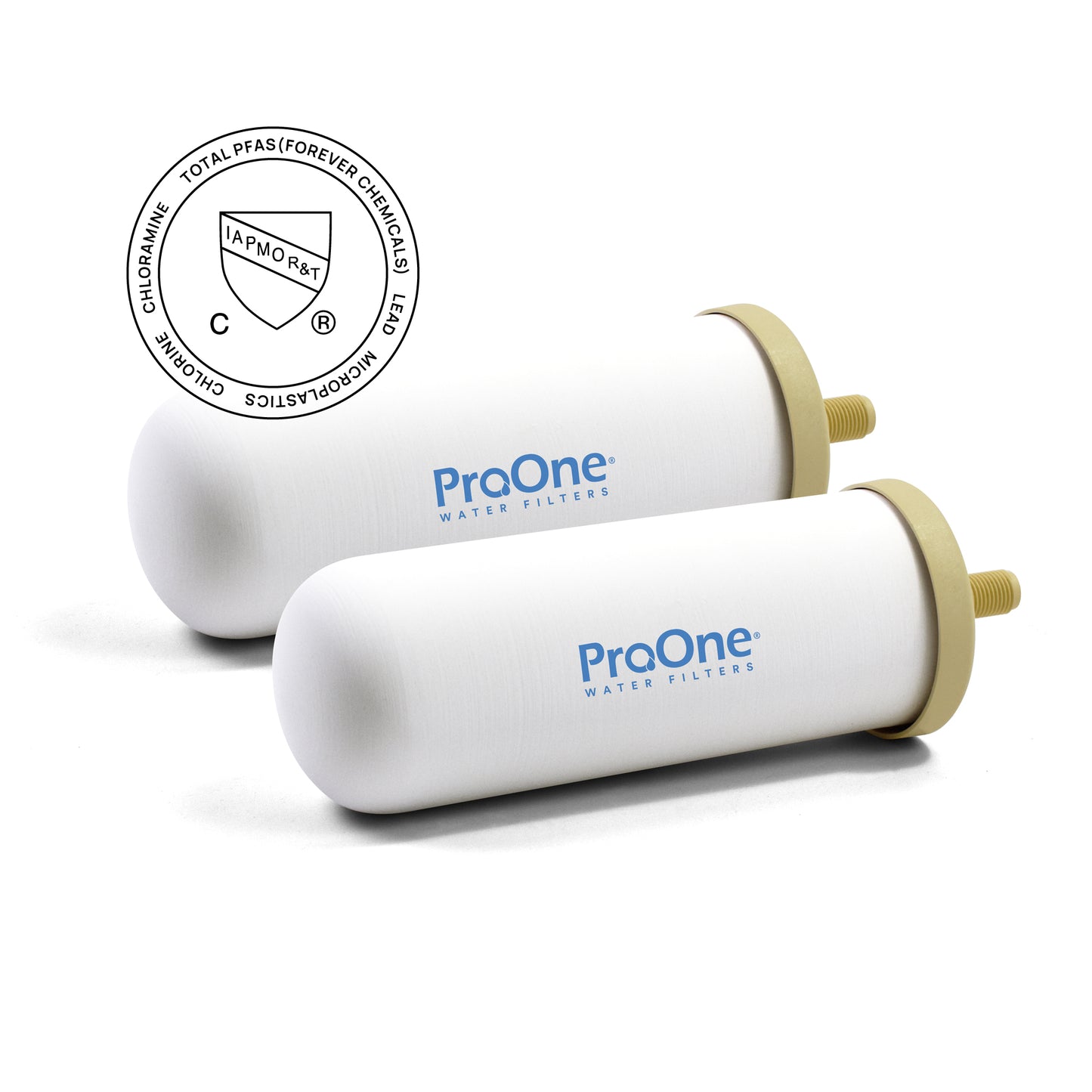 Two ProOne water filters on a white background with a certification logo.