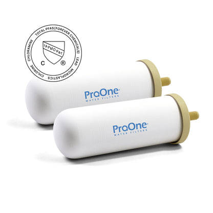Two ProOne water filters on a white background with a certification logo.