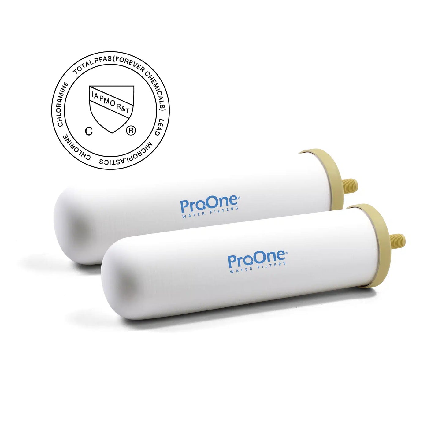 Two ProOne water filters on a white background with a logo above them.