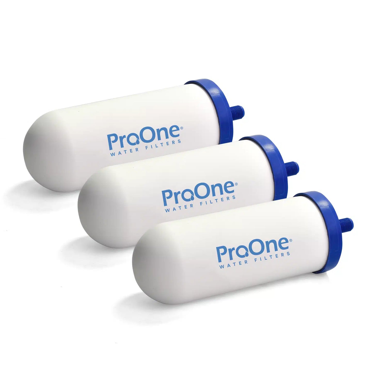 Three ProOne water filters on a white background