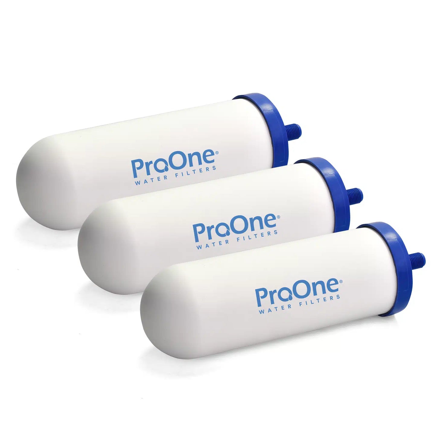 Three ProOne water filters on a white background