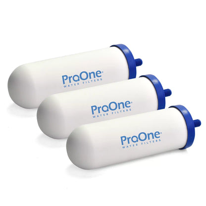 Three ProOne water filters on a white background