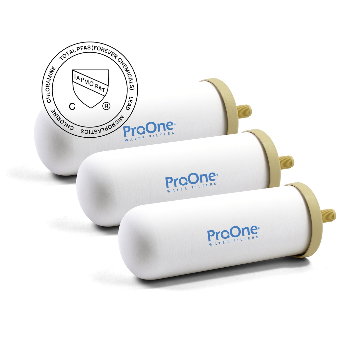 Three ProOne water filters on a white background with a logo in the corner.