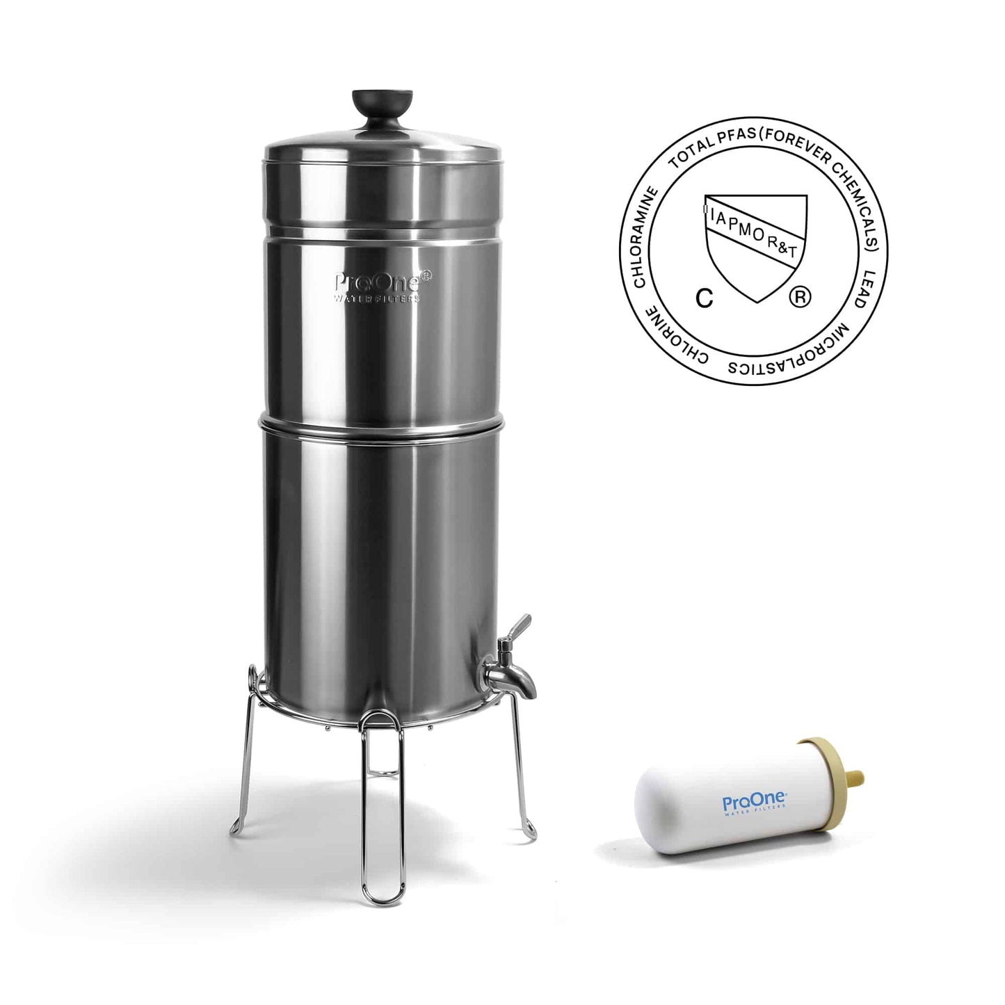 Stainless steel water filter with a white background and a visible brand logo.