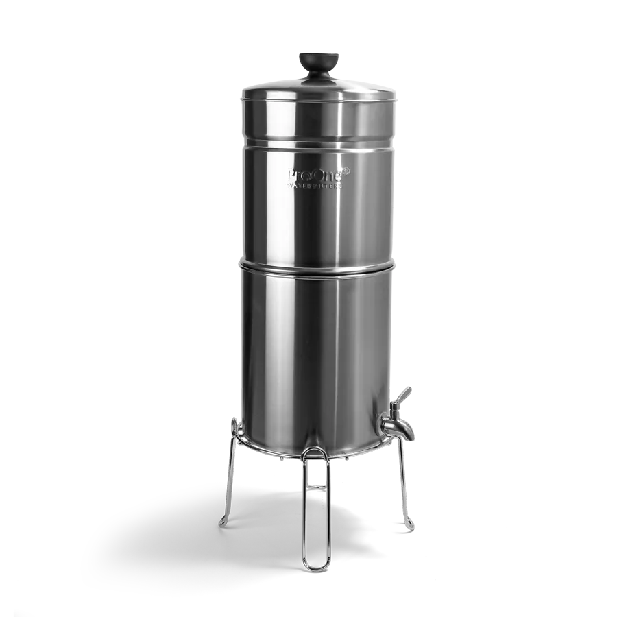 Stainless steel water filter on a white background