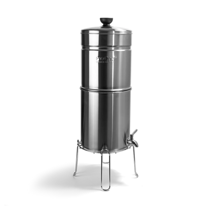 Stainless steel water filter on a white background