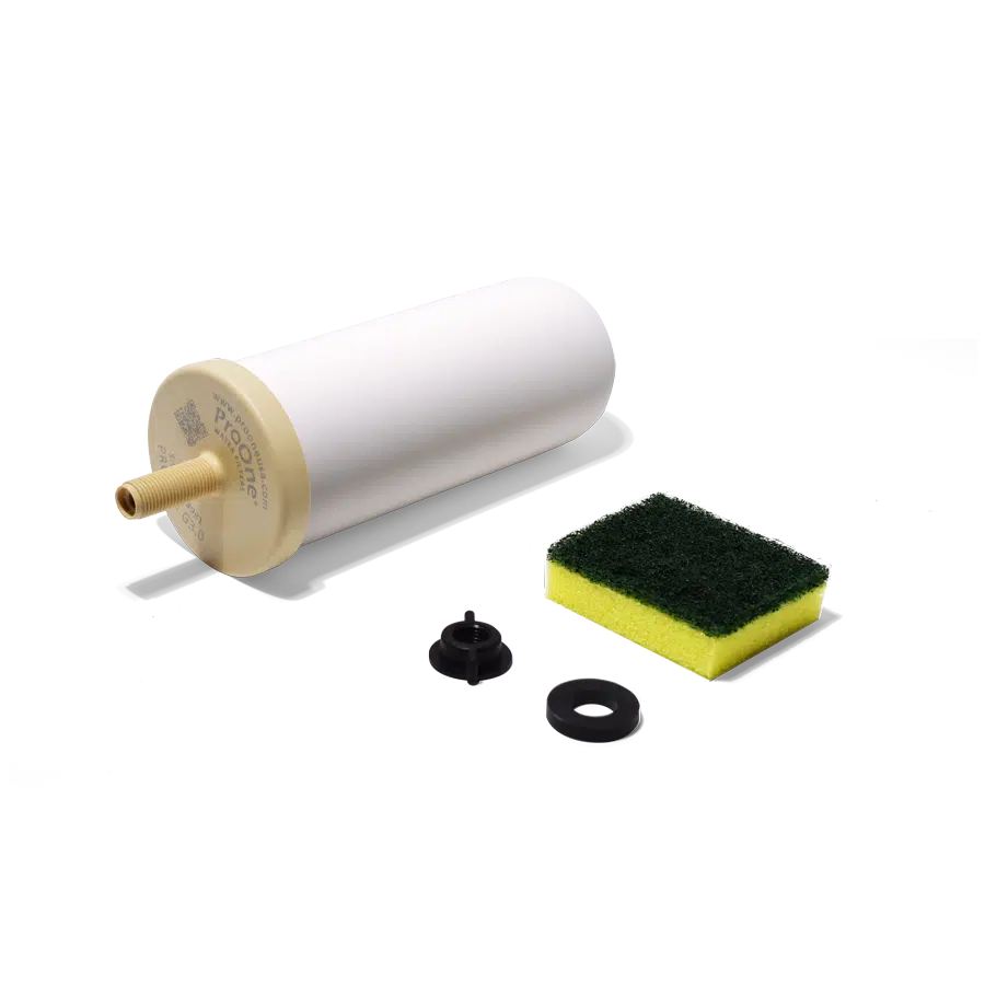 Filter cartridge, sponge, and washers on a white background