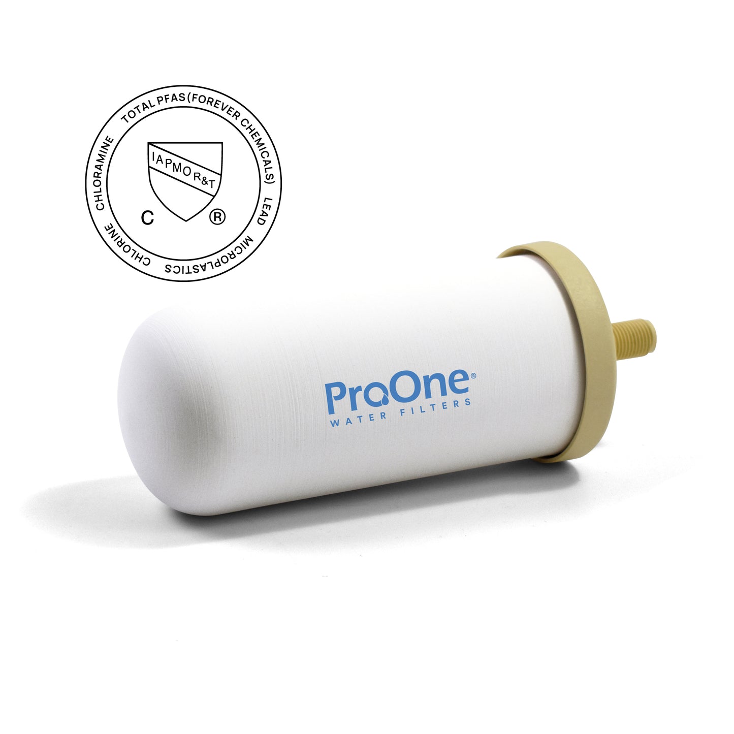 ProOne water filter on a white background with a certification logo above it.