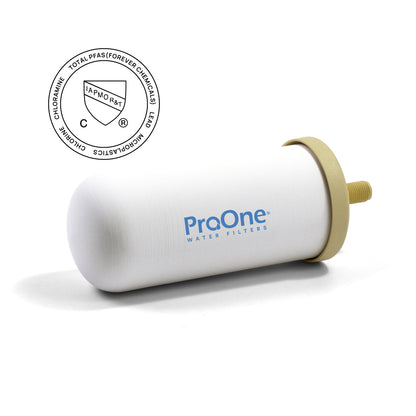 ProOne water filter on a white background with a certification logo above it.