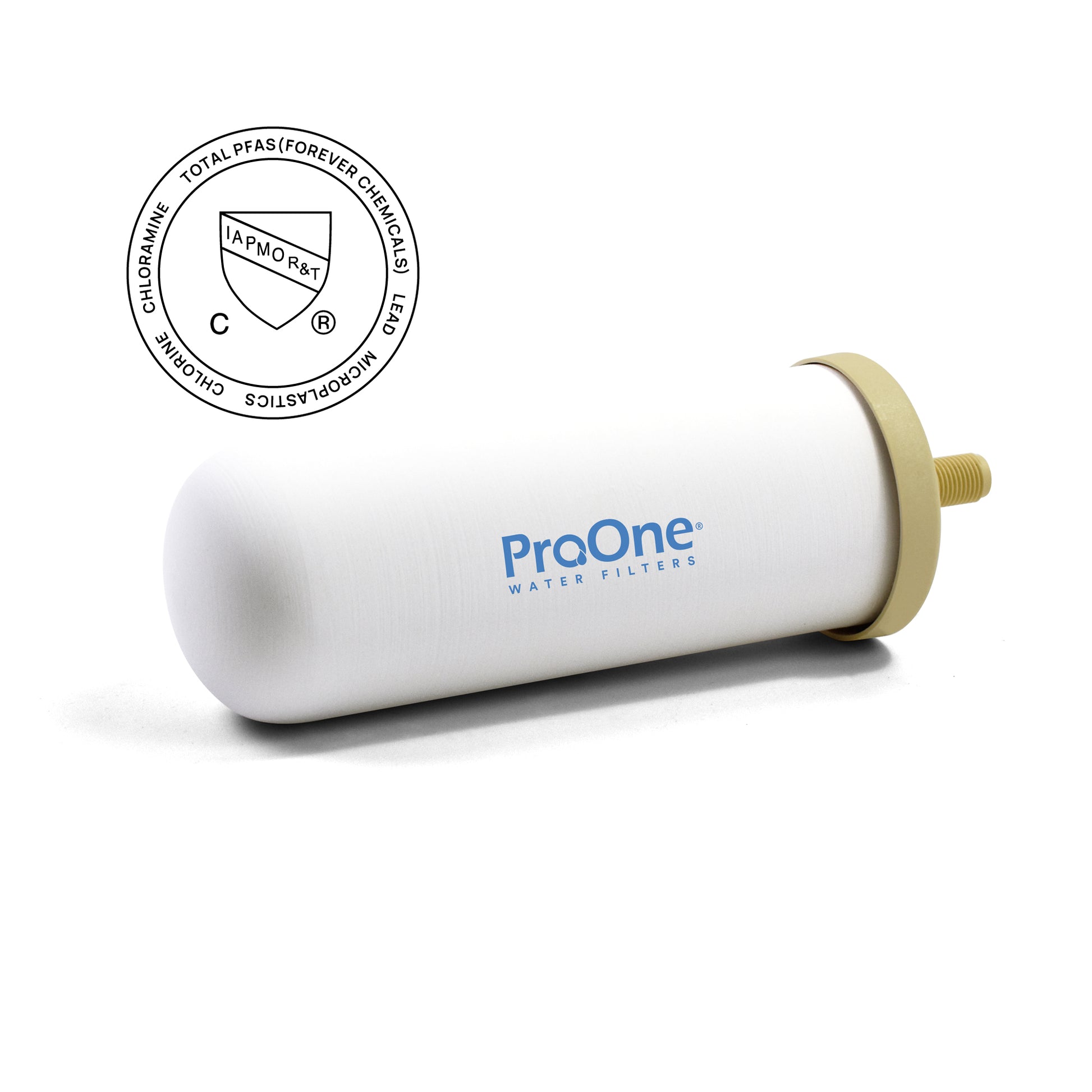 ProOne water filter on a white background with a certification logo above it.