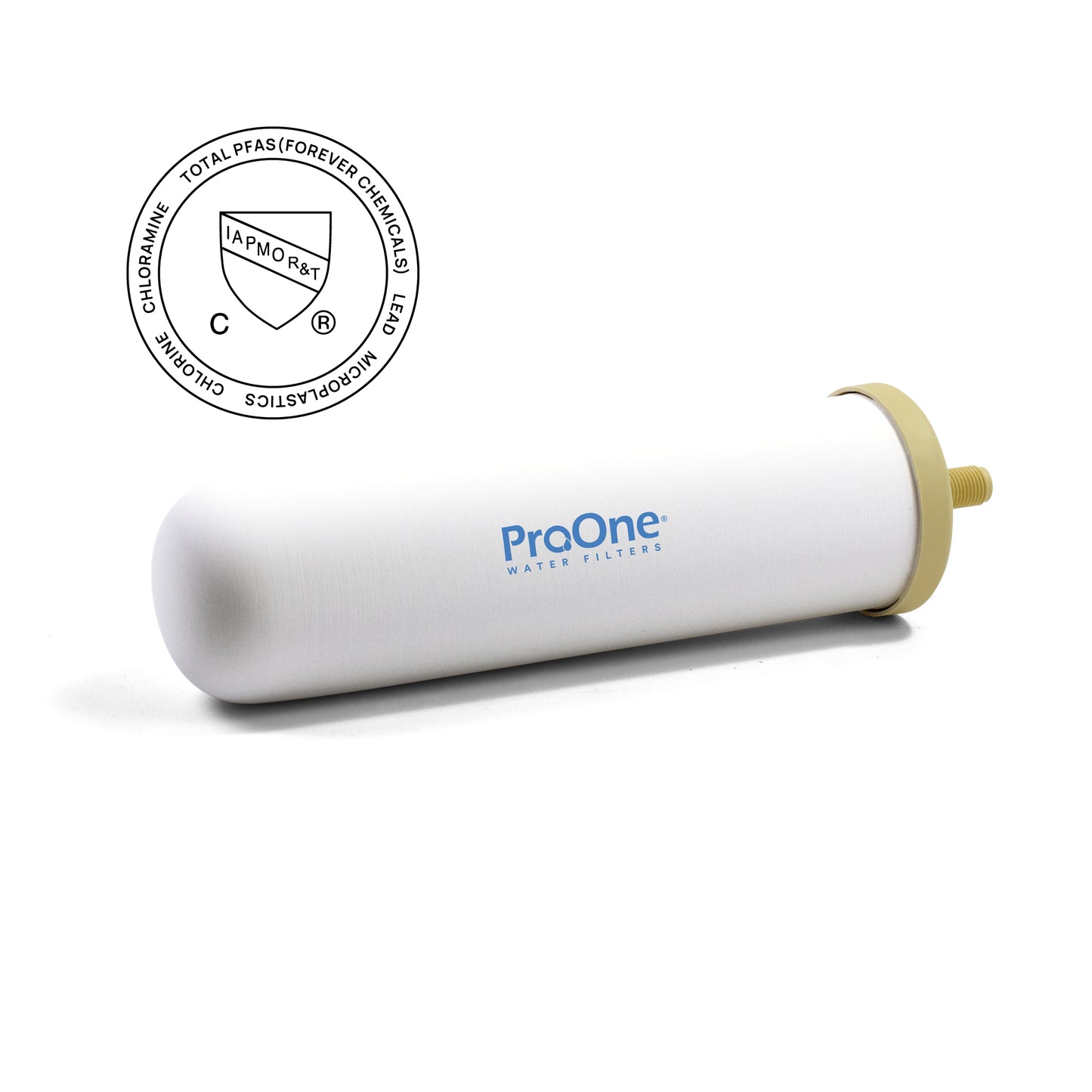 ProOne water filter on a white background with a certification logo above it.