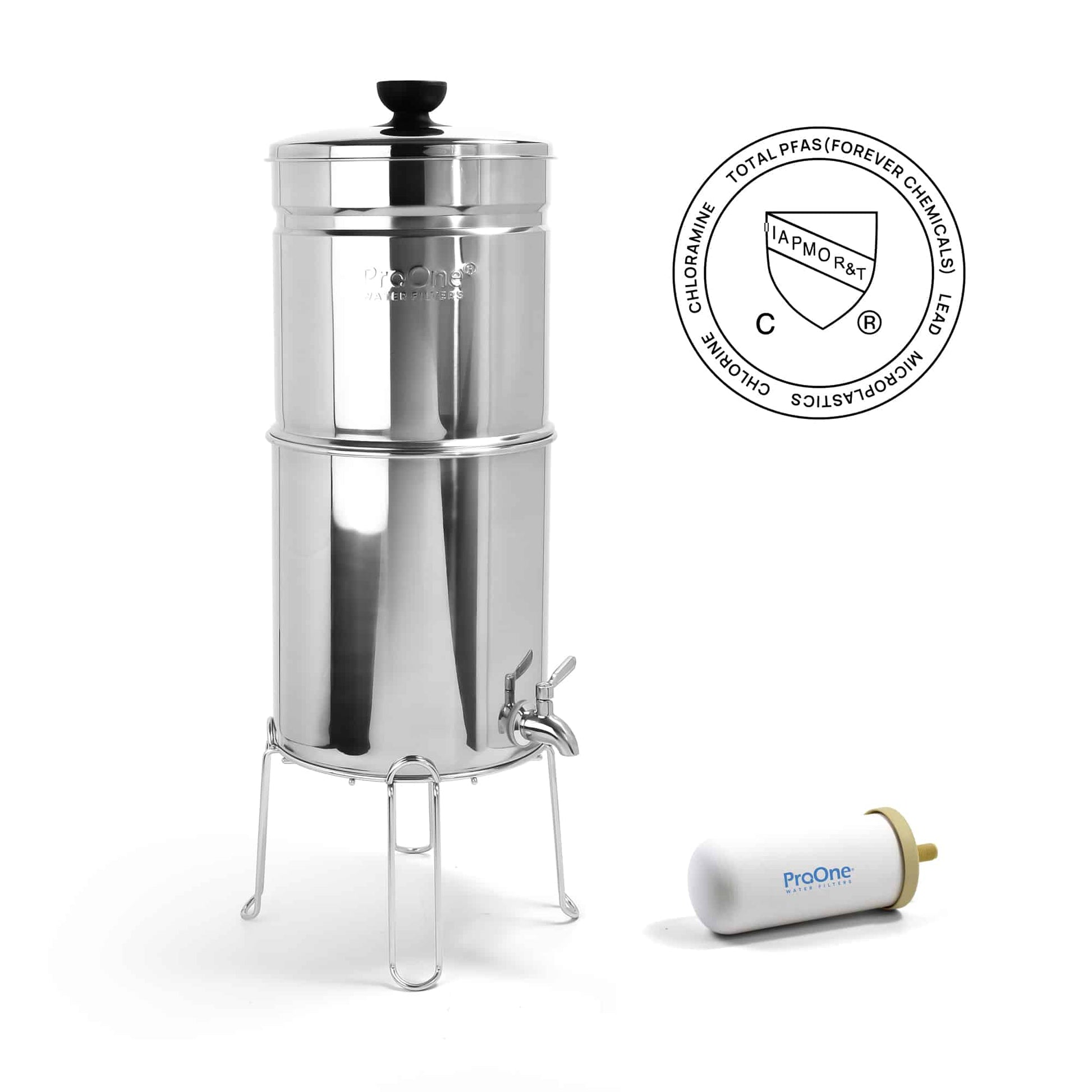Stainless steel water filter with a ProOne filter on a white background