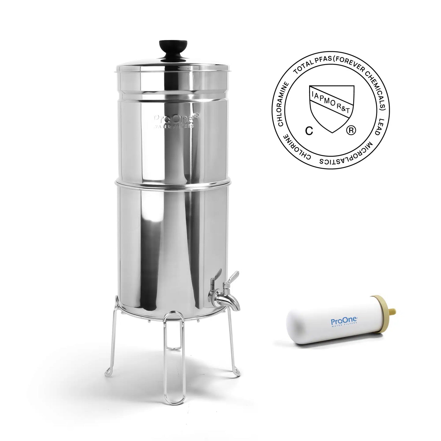 Stainless steel water filter with ProOne branding on a white background