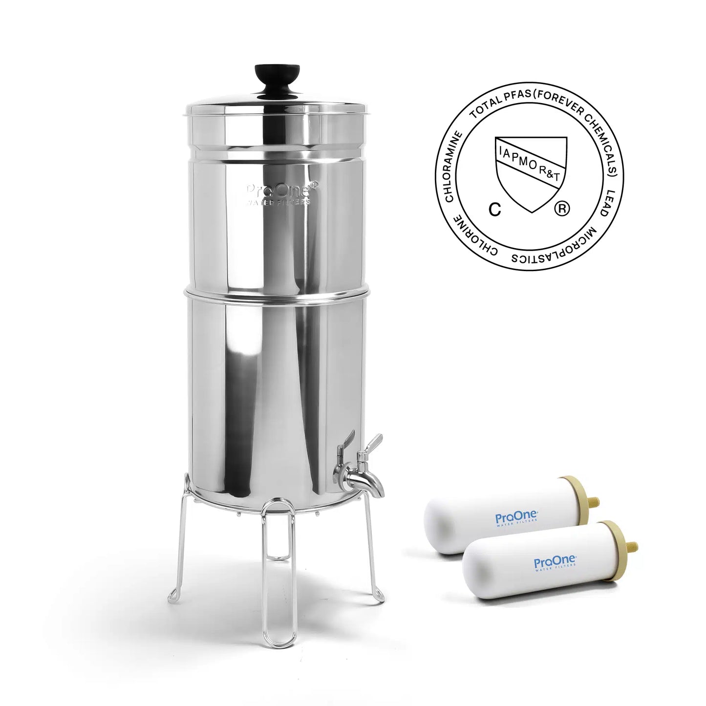 Stainless steel water filter with two ProOne filters on a white background