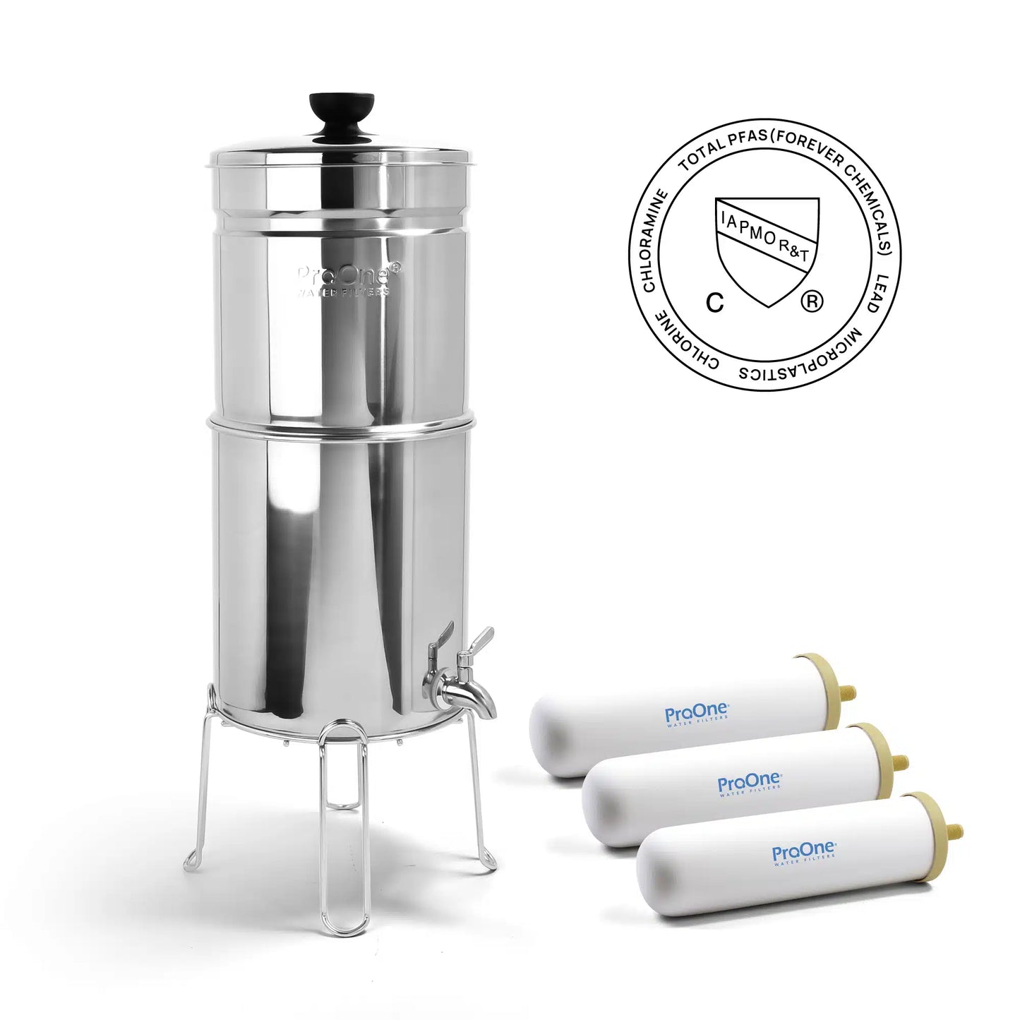 Stainless steel water filter with three ProOne filters on a white background