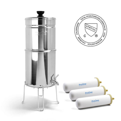 Stainless steel water filter with three ProOne filters on a white background